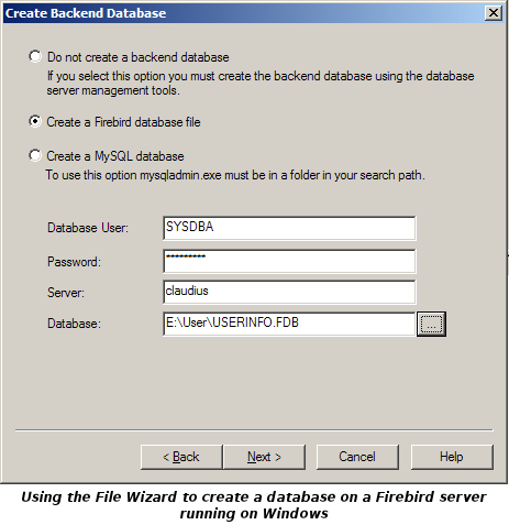 Using the File Wizard to create a database on a Firebird server running on Windows