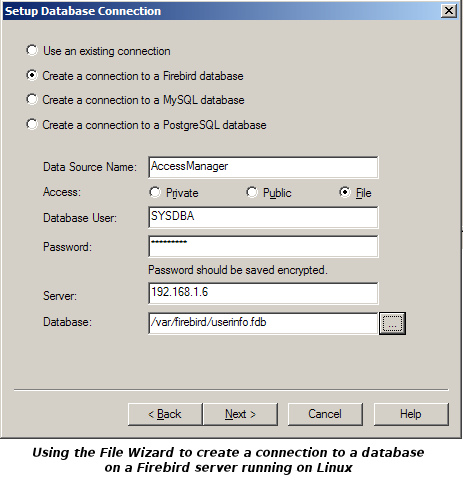 Using the File Wizard to create a connection to a database on a Firebird server running on Linux
