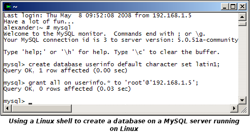 Using a Linux shell to create a database on a MySQL Server